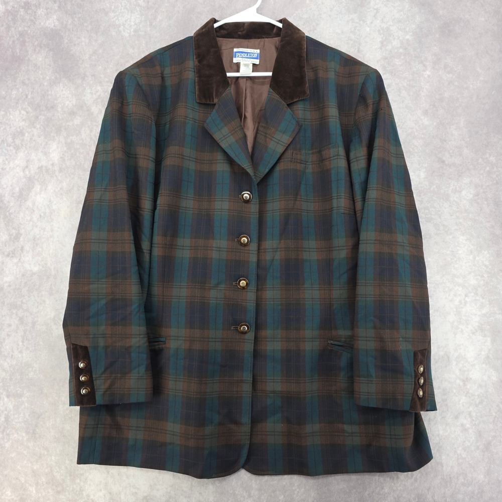 Vintage Pendleton 100% Virgin Wool Plaid Blazer Velvet Collar Brown 22W